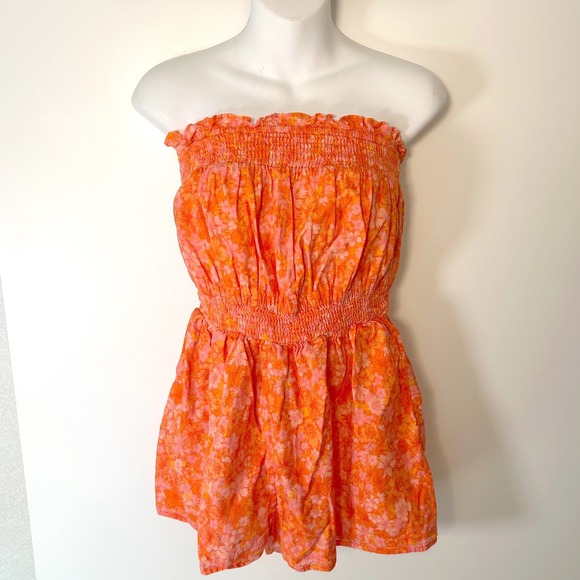 Lovers + Friends Pants - Revolve RESTON ROMPER Size XS Mitsy Ditsy Floral Orange Pink Cotton Strapless